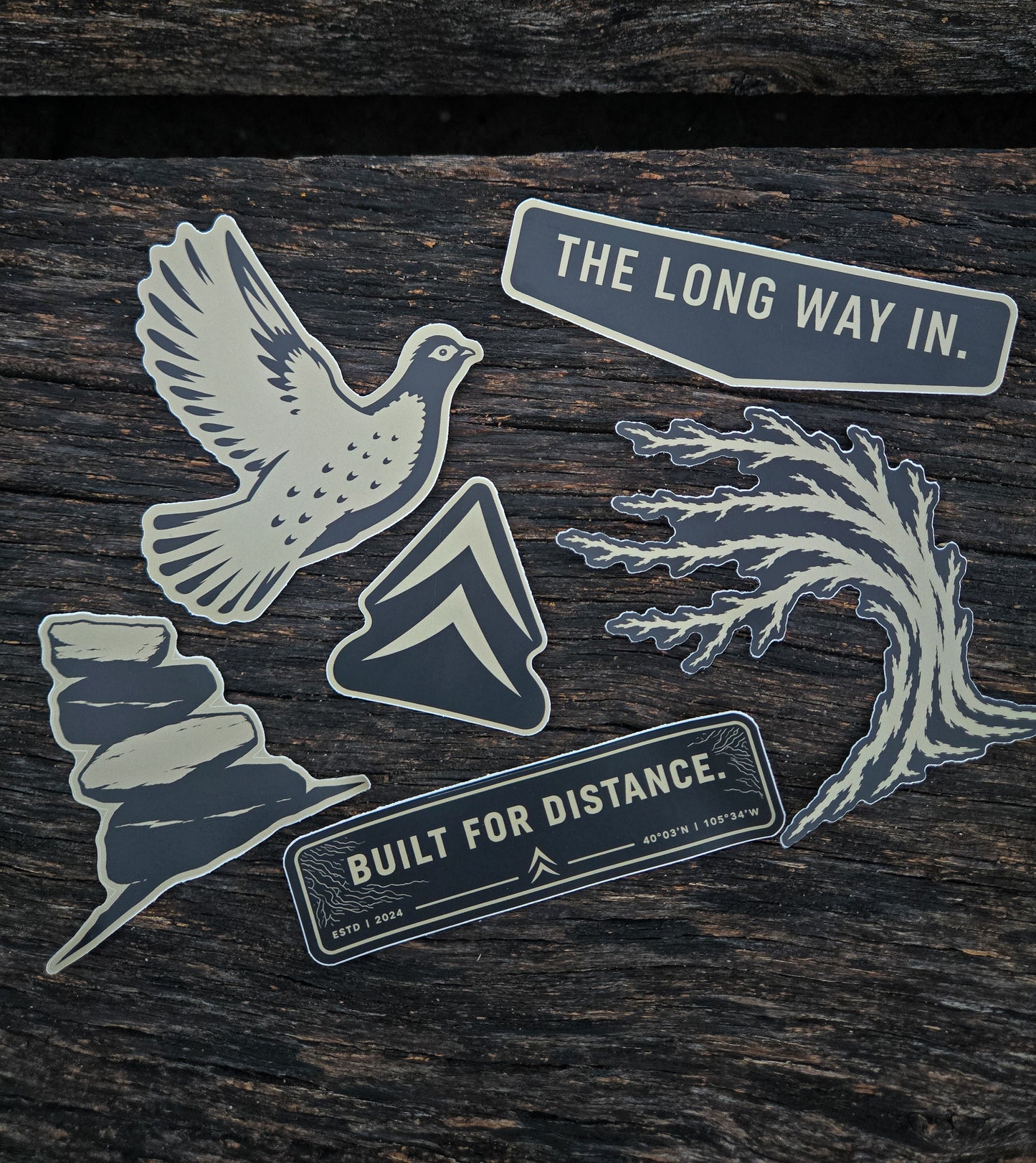 Core outdoor sticker pack by Black Timber Goods featuring six matte vinyl outdoor designs.