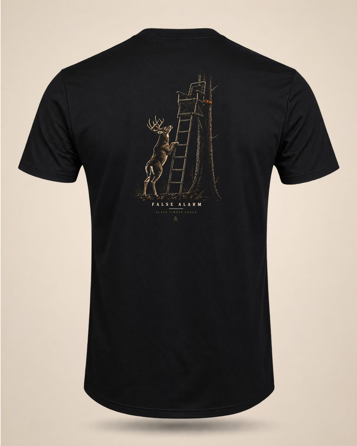 Back view of black False Alarm whitetail hunting t-shirt with buck beside ladder stand graphic