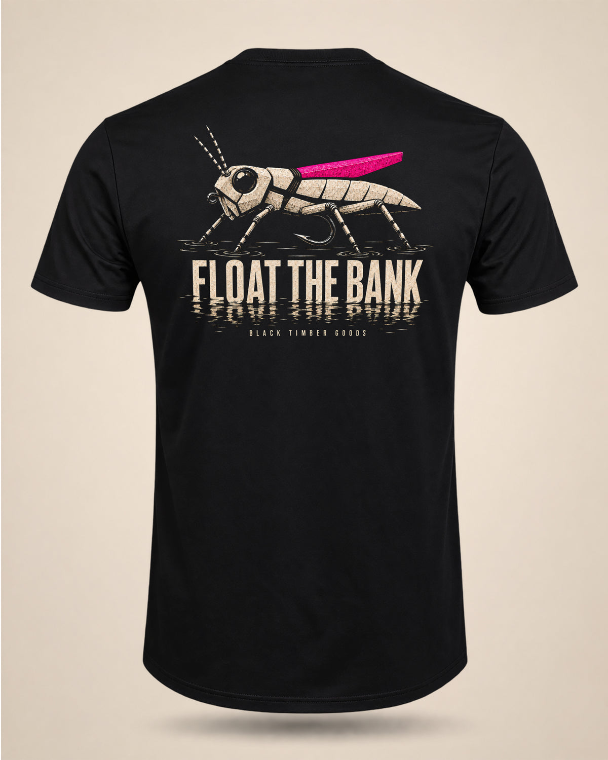 Black Float The Bank T-shirt featuring a large hopper graphic with reflected text and Black Timber Goods branding.