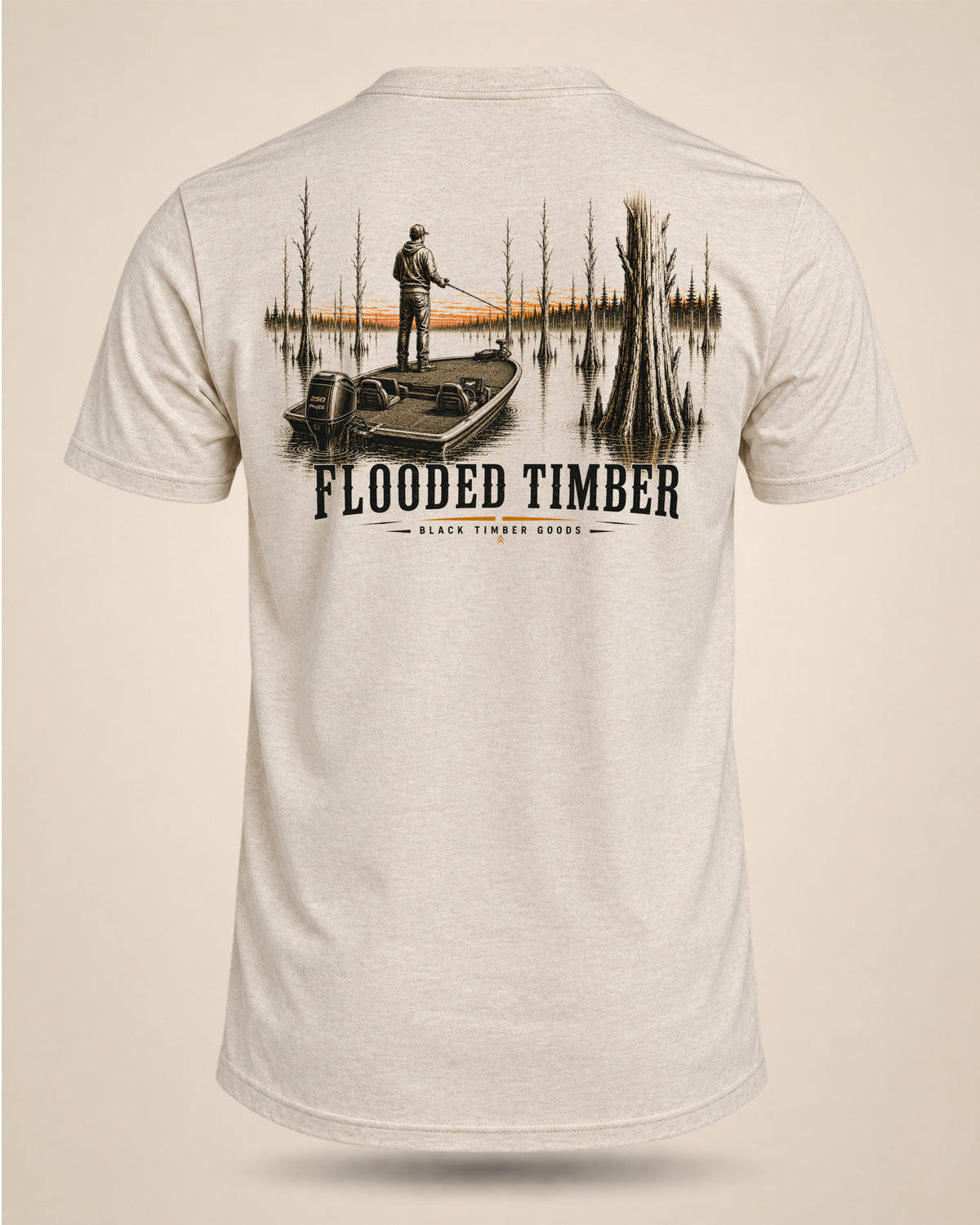 Cream Flooded Timber bass fishing T-shirt featuring an angler in a bass boat among flooded trees and standing timber on the back.
