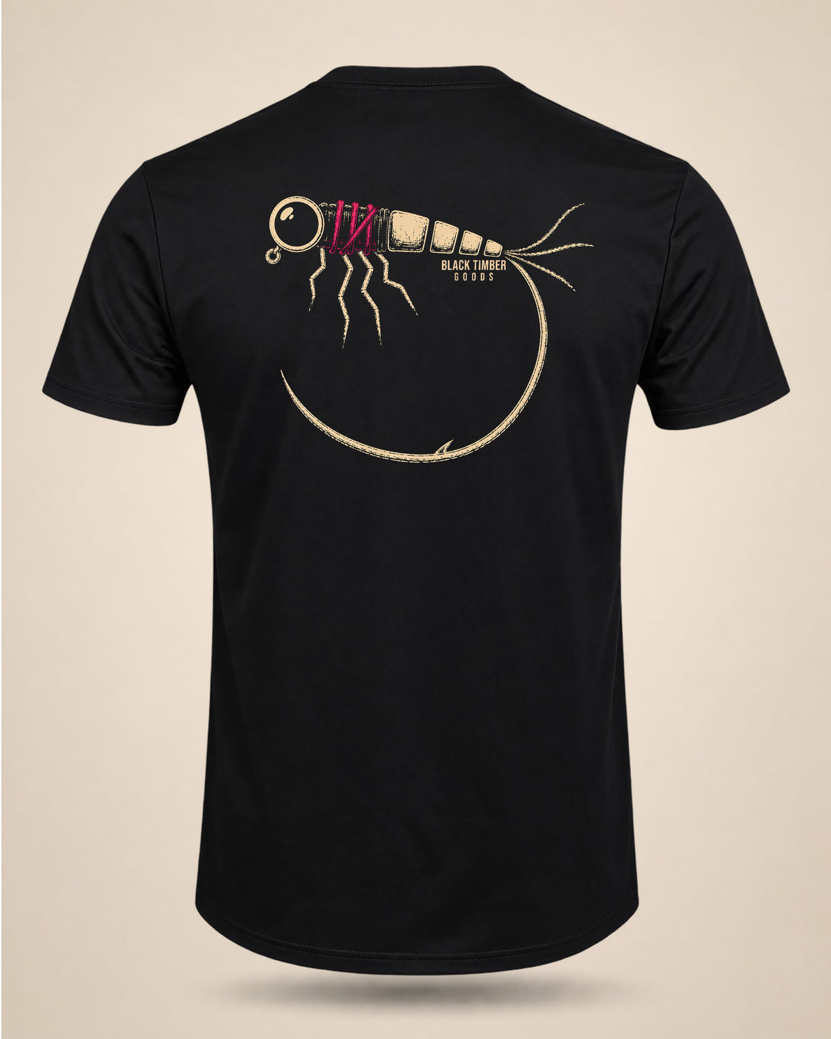 Black Heavy Wire fly-fishing graphic T-shirt featuring a stylized fly built around an oversized sweeping hook.