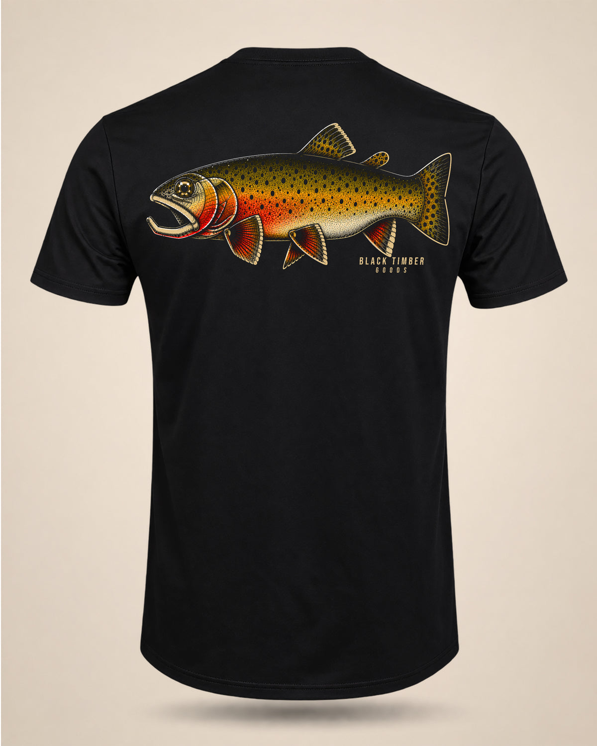 Black High Country trout fishing T-shirt featuring a large illustrated Greenback Cutthroat trout graphic with gold, black, and red-orange markings.