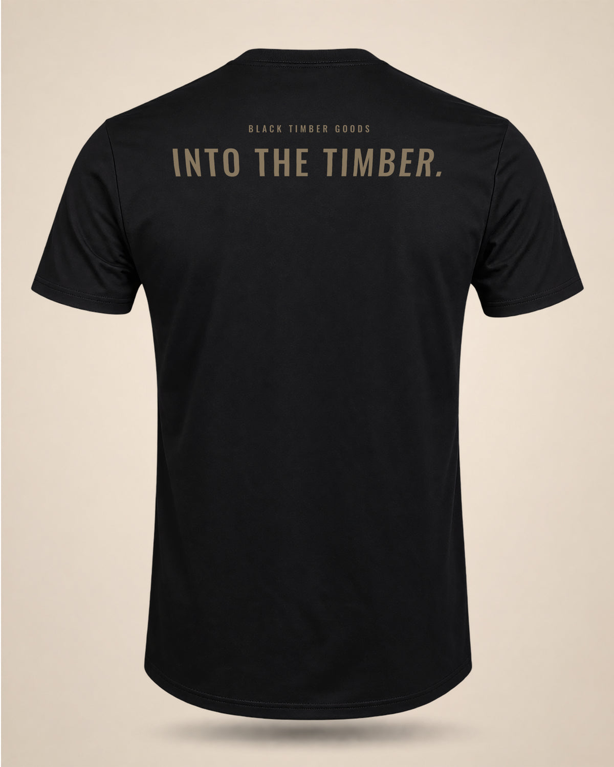 Back of Into The Timber trail shirt by Black Timber Goods featuring minimalist typography.