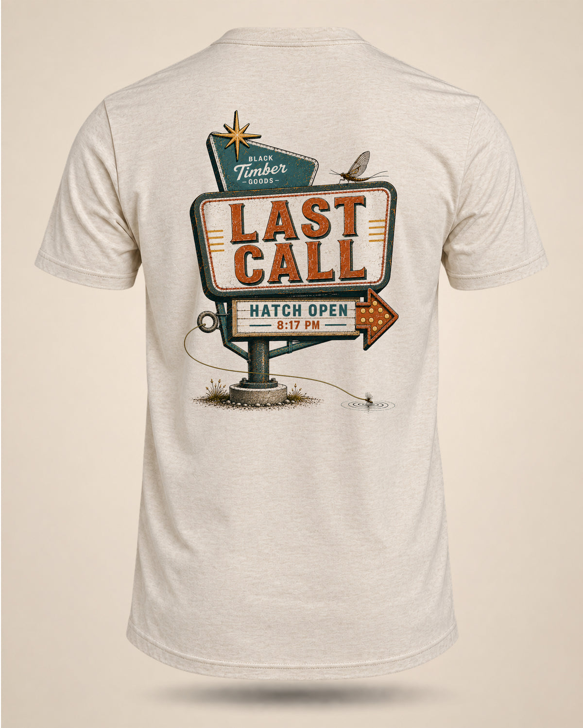 Cream Last Call fly fishing T-shirt featuring a vintage roadside sign graphic with “Last Call” and “Hatch Open 8:17 PM” on the back.