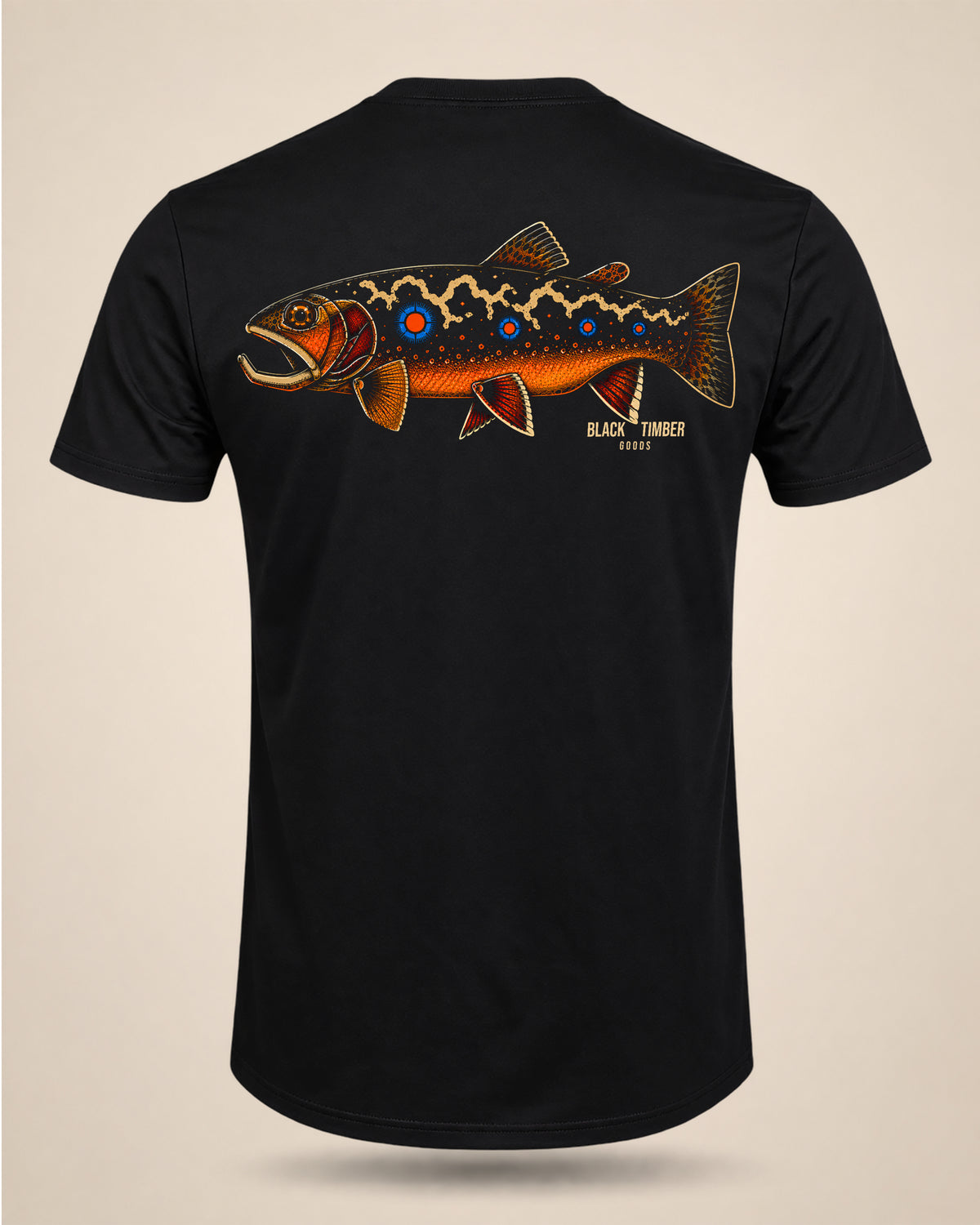 Black Native Color trout fishing T-shirt featuring a large illustrated brook trout graphic with vivid natural markings.