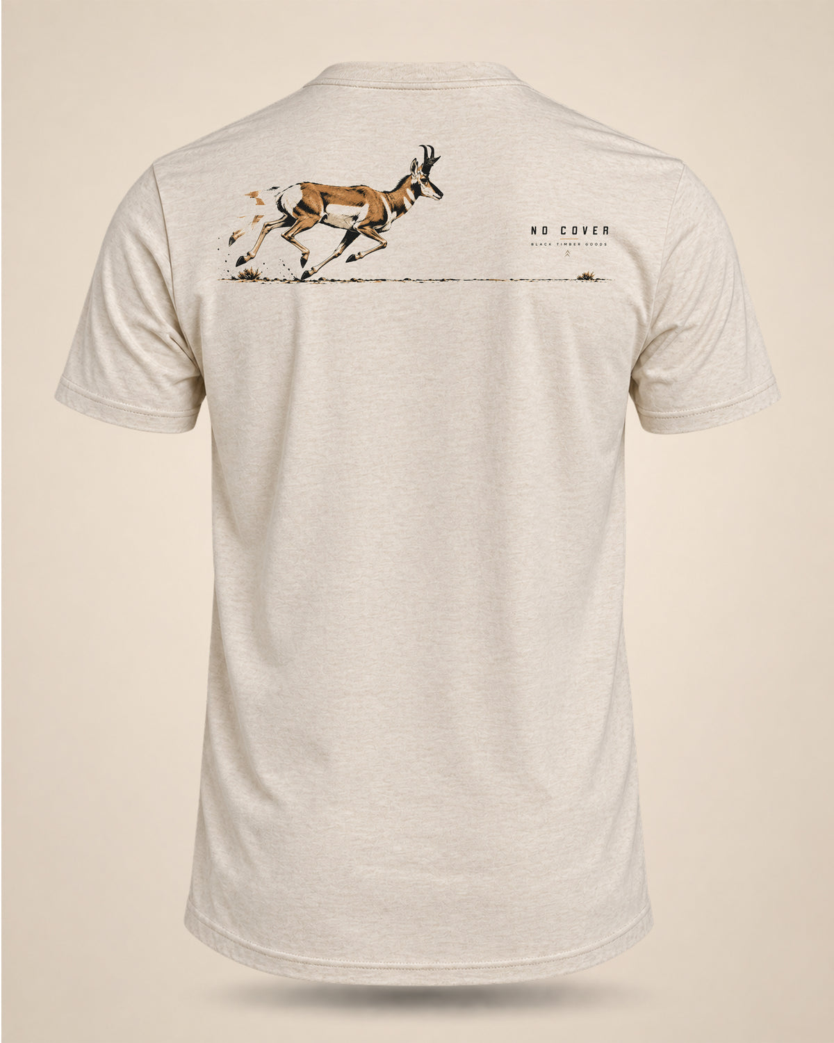 Back view of cream No Cover pronghorn hunting t-shirt with running antelope graphic