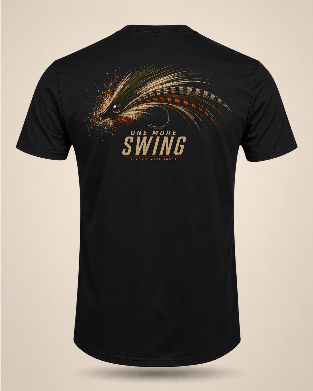 Black One More Swing T-shirt featuring a large streamer fly graphic and One More Swing text on the back.