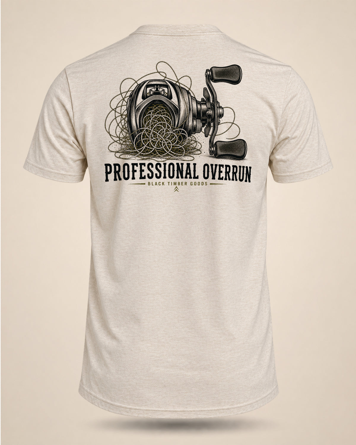 Cream Professional Overrun bass fishing T-shirt featuring a baitcasting reel tangled in a large backlash of fishing line on the back.