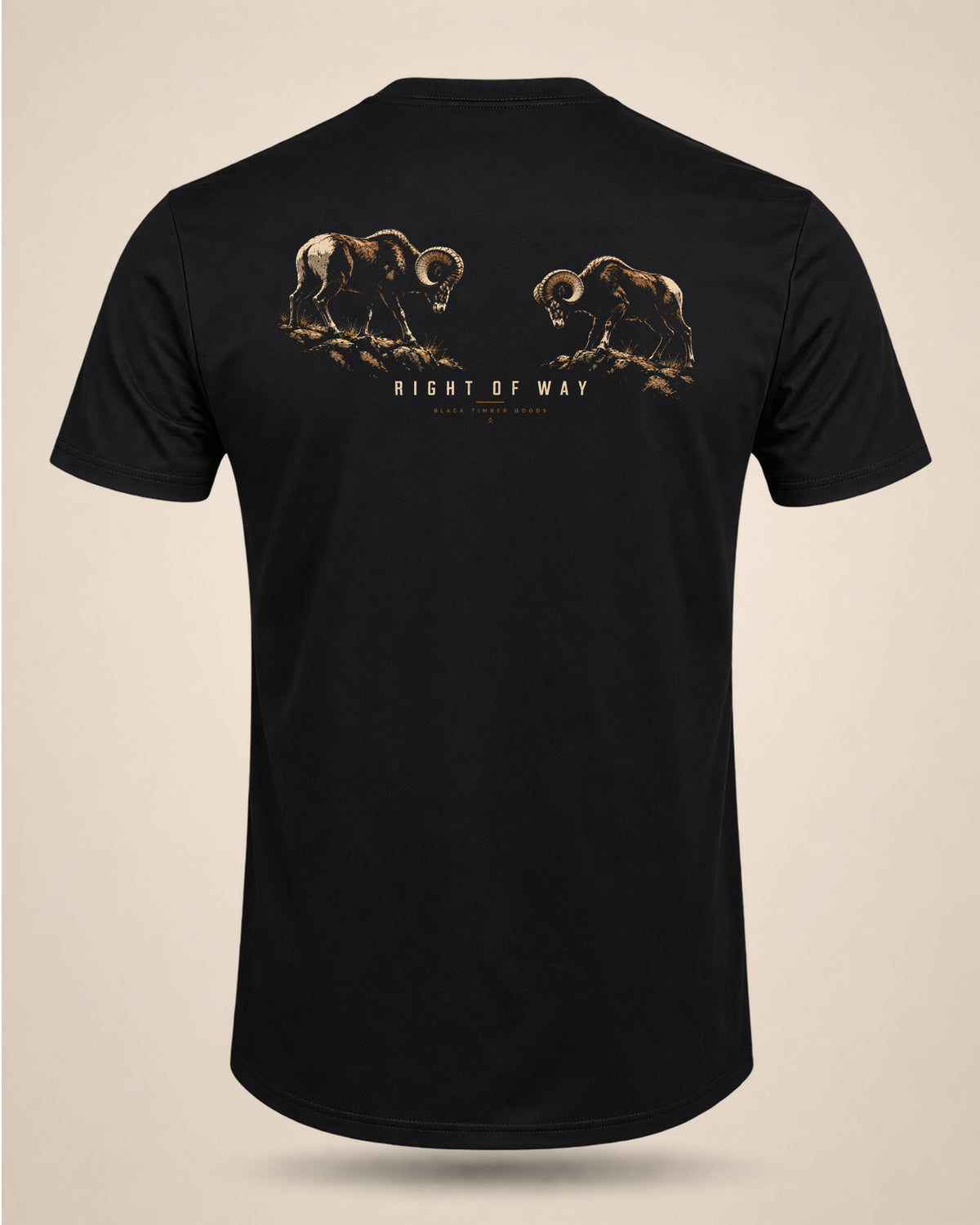 Back view of black Right of Way outdoor t-shirt with two bighorn rams facing off graphic