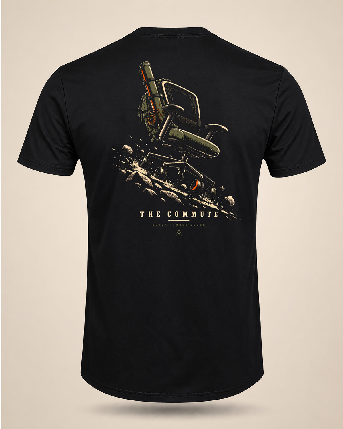Back view of black The Commute hunting t-shirt with office chair carrying outdoor gear graphic