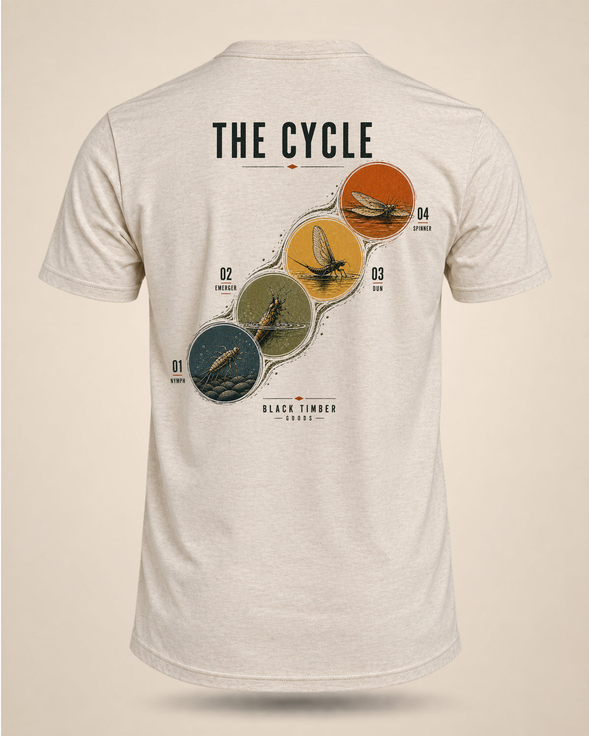 Cream The Cycle fly-fishing T-shirt featuring four illustrated stages of the mayfly lifecycle: nymph, emerger, dun, and spinner.