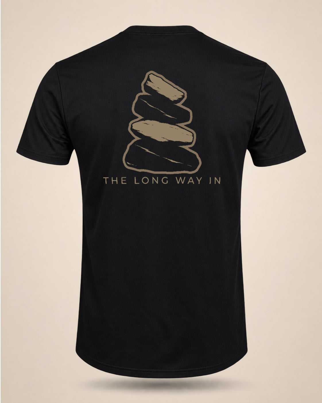 Black The Long Way In Cairn Edition T-shirt featuring a stacked stone cairn graphic on the back.