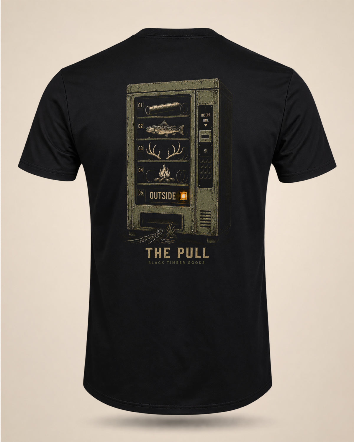 The Pull outdoor graphic T-shirt featuring a vintage vending machine filled with fishing, hunting, campfire, and outdoor symbols.