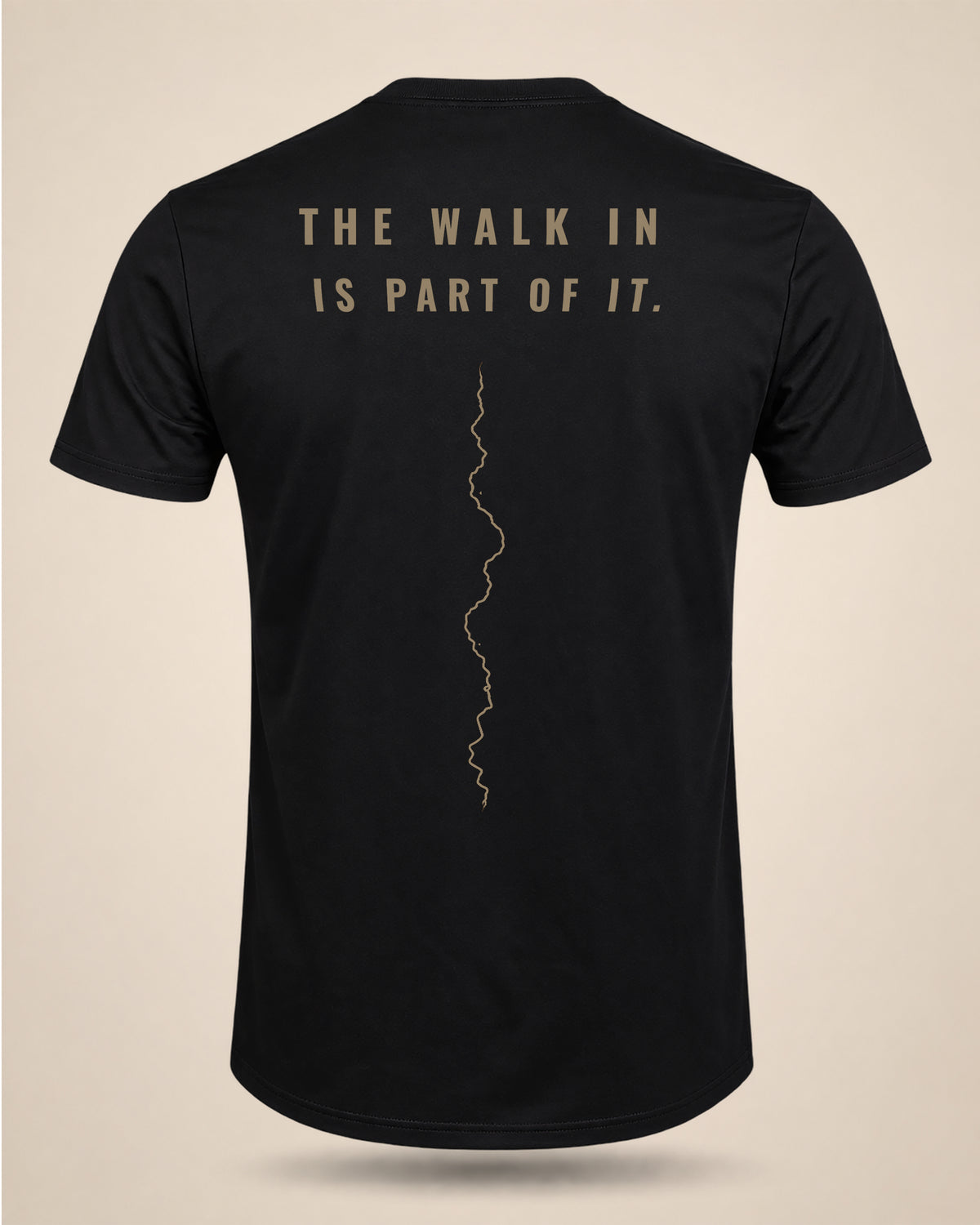 Back of The Walk In Is Part Of It trail shirt by Black Timber Goods featuring a minimalist trail graphic.