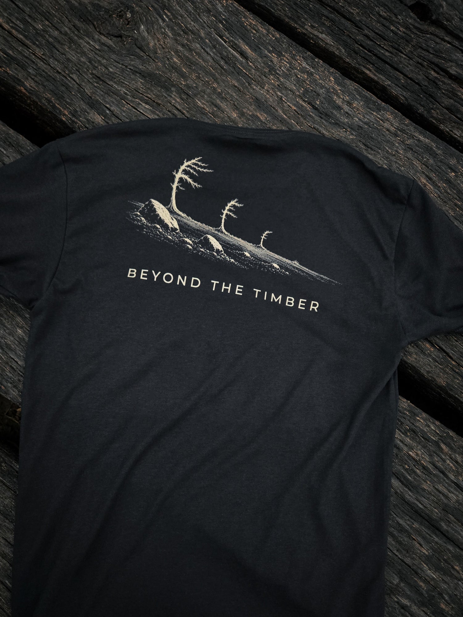 Back of the Beyond The Timber mountain shirt by Black Timber Goods featuring an alpine ridgeline graphic.