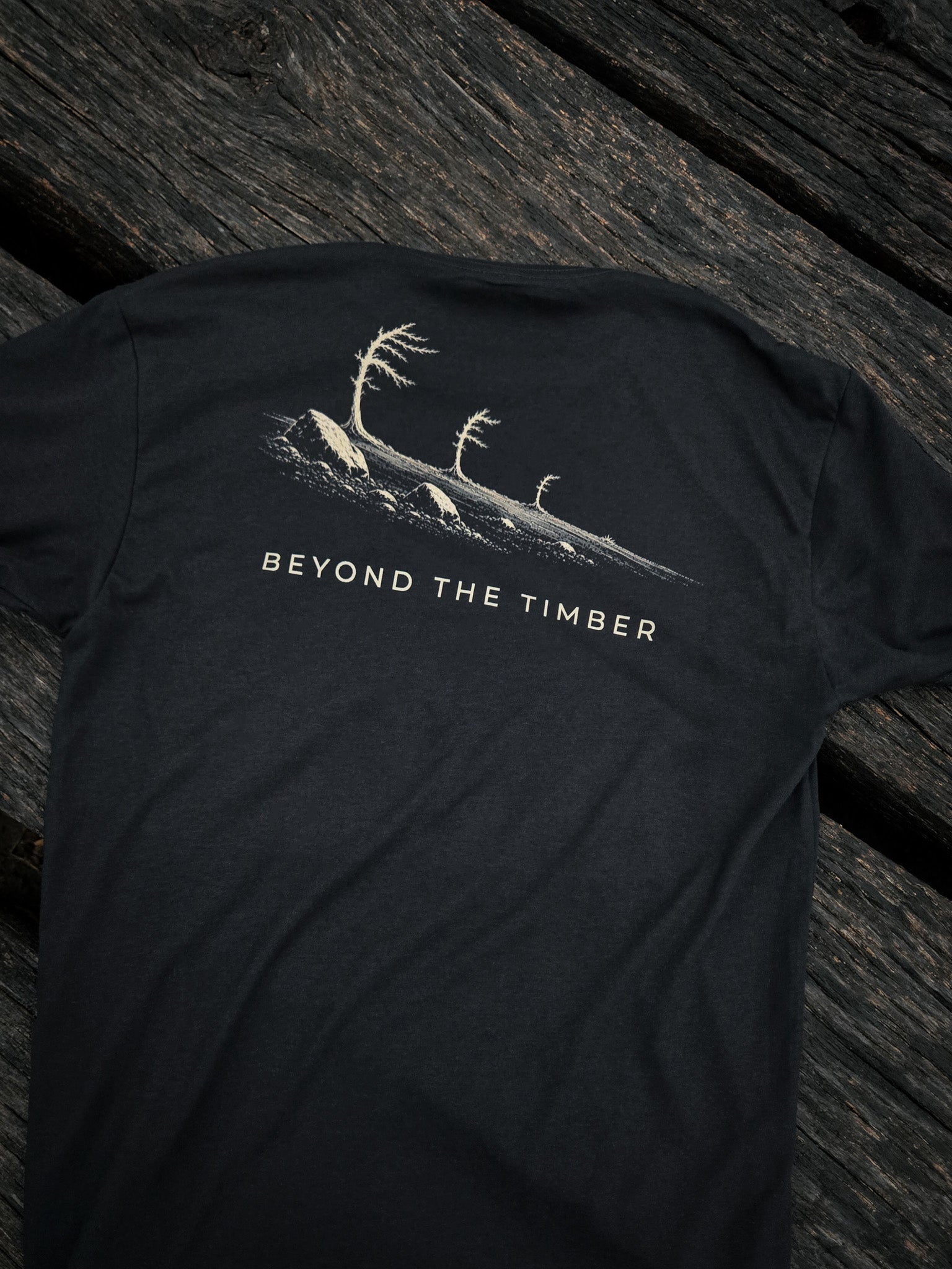 Back of the Beyond The Timber mountain shirt by Black Timber Goods featuring an alpine ridgeline graphic.