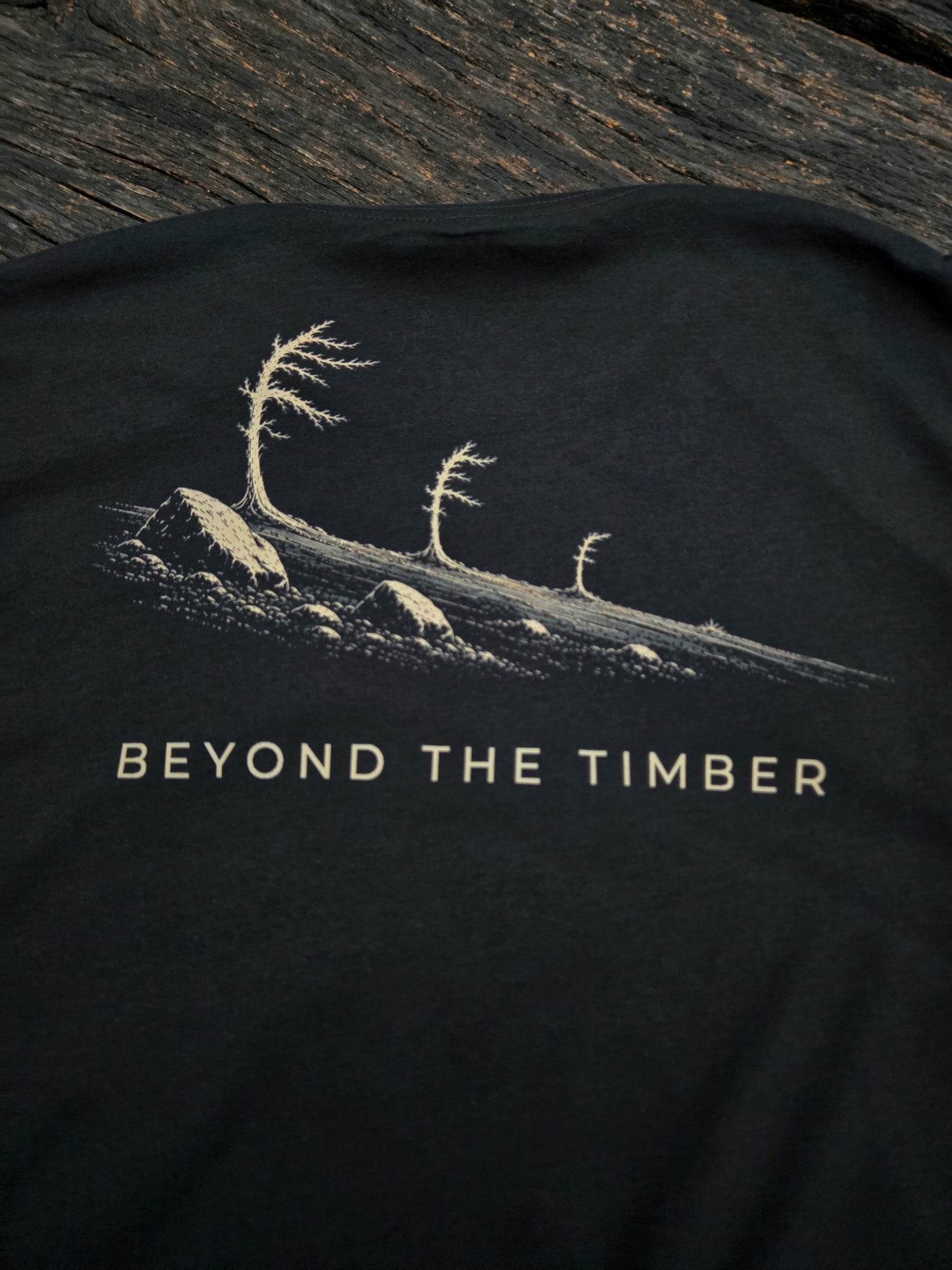 Close-up of the Beyond The Timber alpine ridgeline artwork.