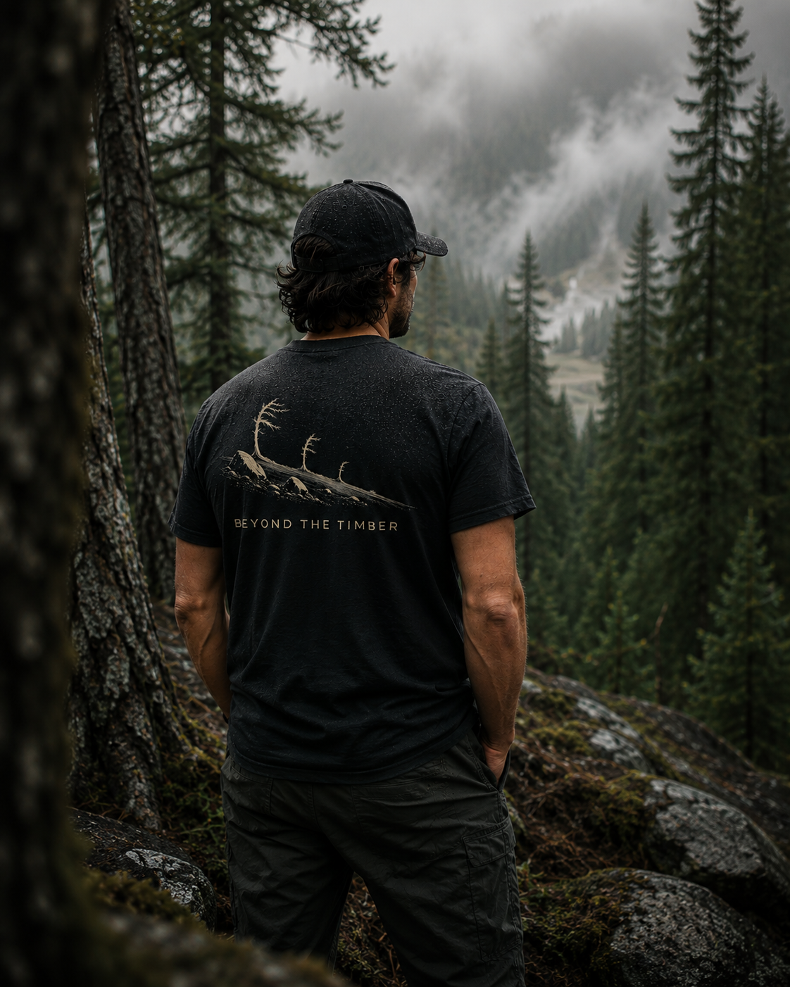 Person wearing the Beyond The Timber mountain shirt by Black Timber Goods on a forest trail.