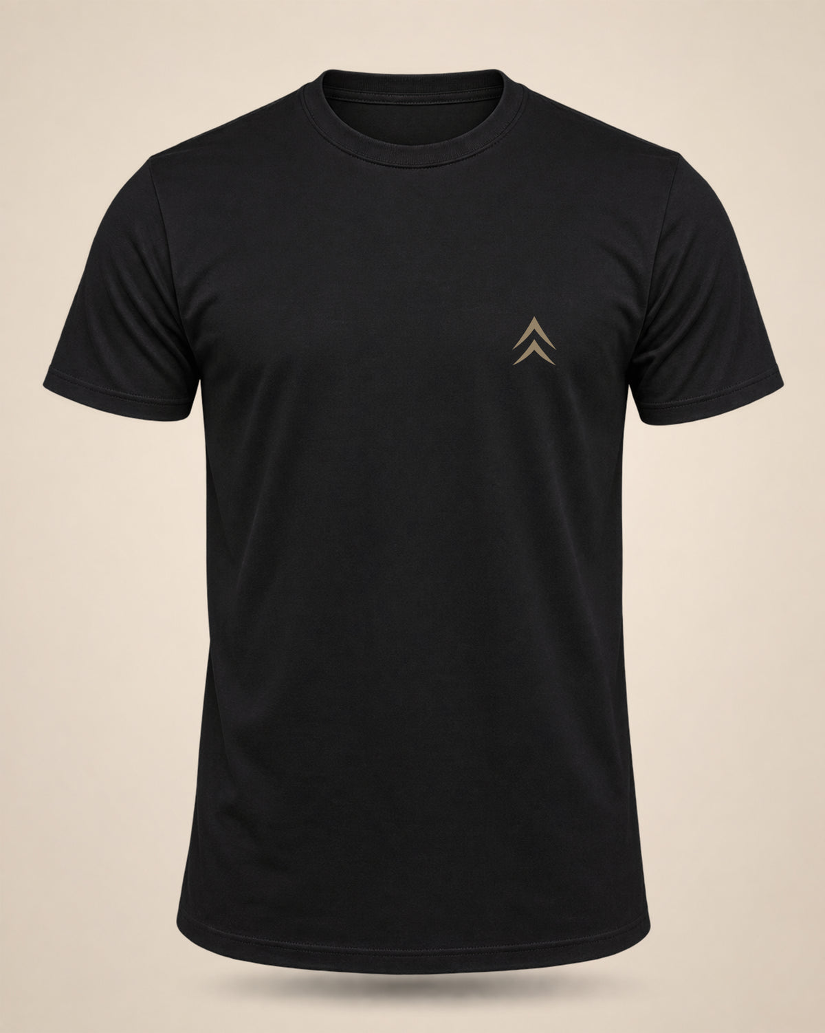Front of a black Black Timber Goods T-shirt featuring the Alpine Chevron chest mark.