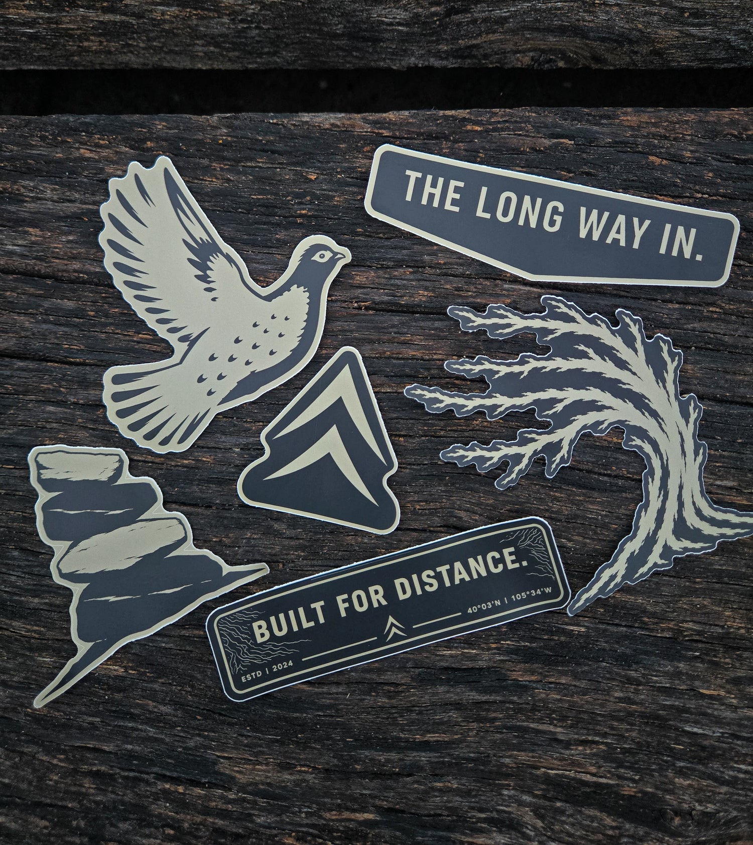 Core outdoor sticker pack by Black Timber Goods featuring six matte vinyl outdoor designs.