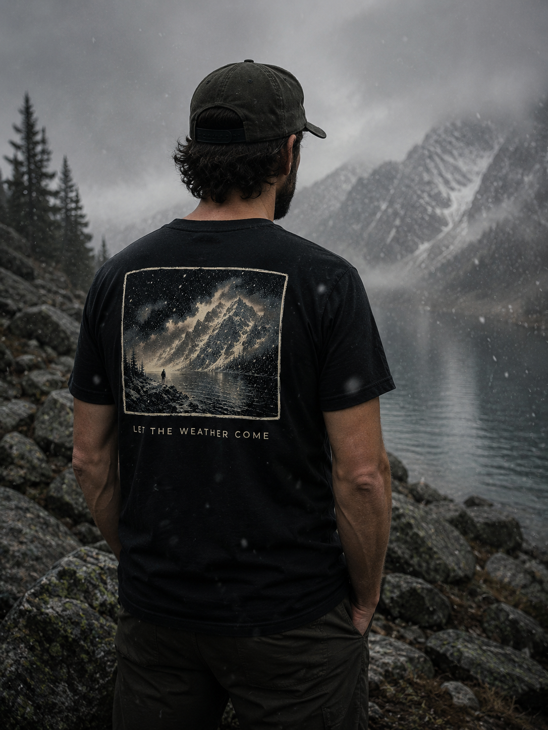 Person wearing Let The Weather Come weather shirt by Black Timber Goods in foggy mountain conditions.