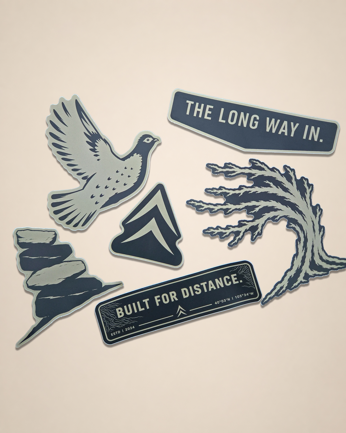 Black Timber Originals 6 sticker pack featuring six outdoor-inspired vinyl sticker designs on a cream background.