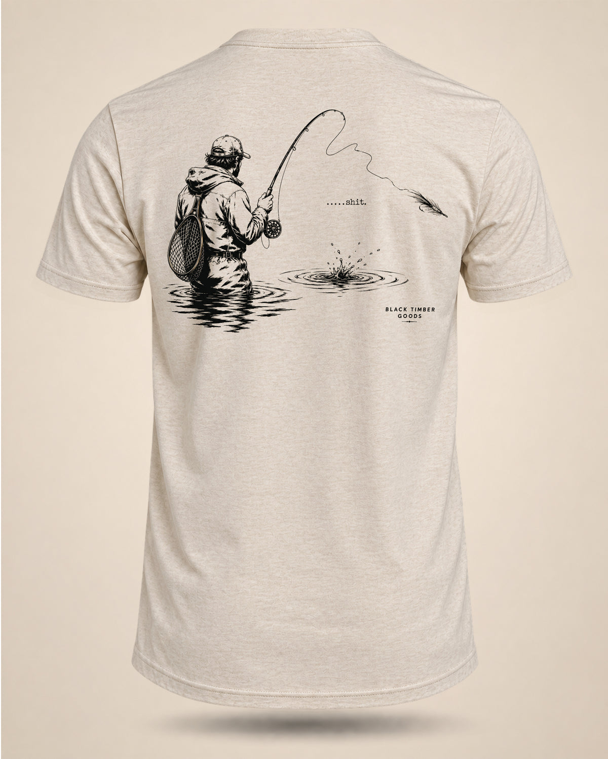Cream ....Shit fly-fishing T-shirt featuring an angler with a bent rod, a rising fish, and minimalist black line artwork.