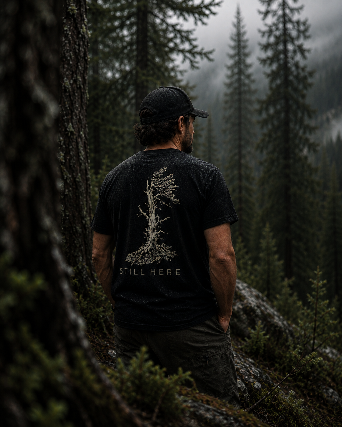 Person wearing the Still Standing outdoor shirt by Black Timber Goods in a forest.