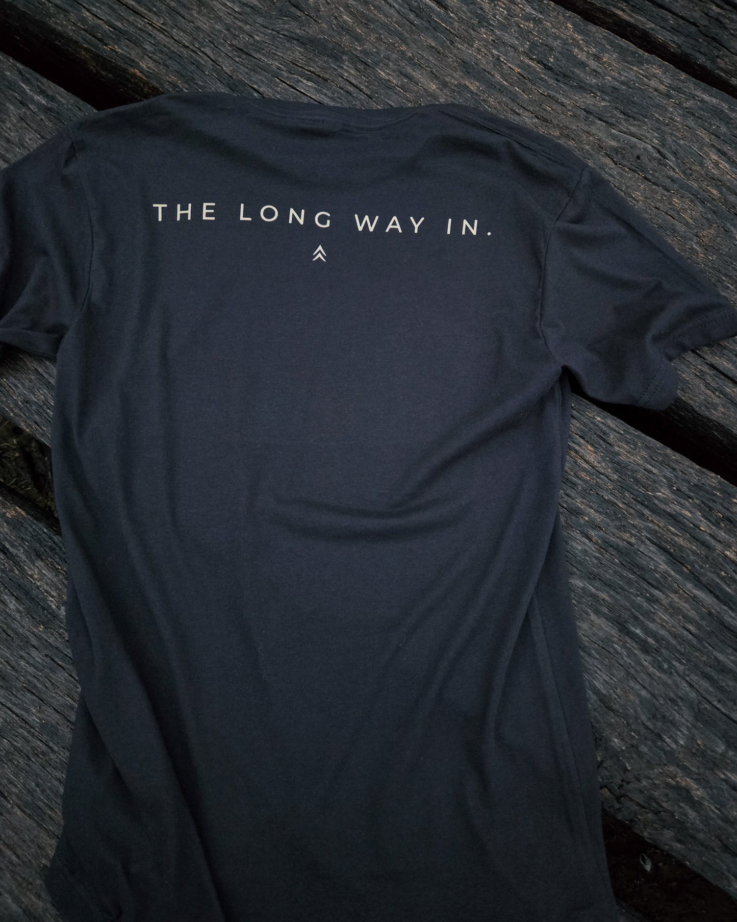 Back of The Long Way In typography shirt by Black Timber Goods featuring minimalist typography.