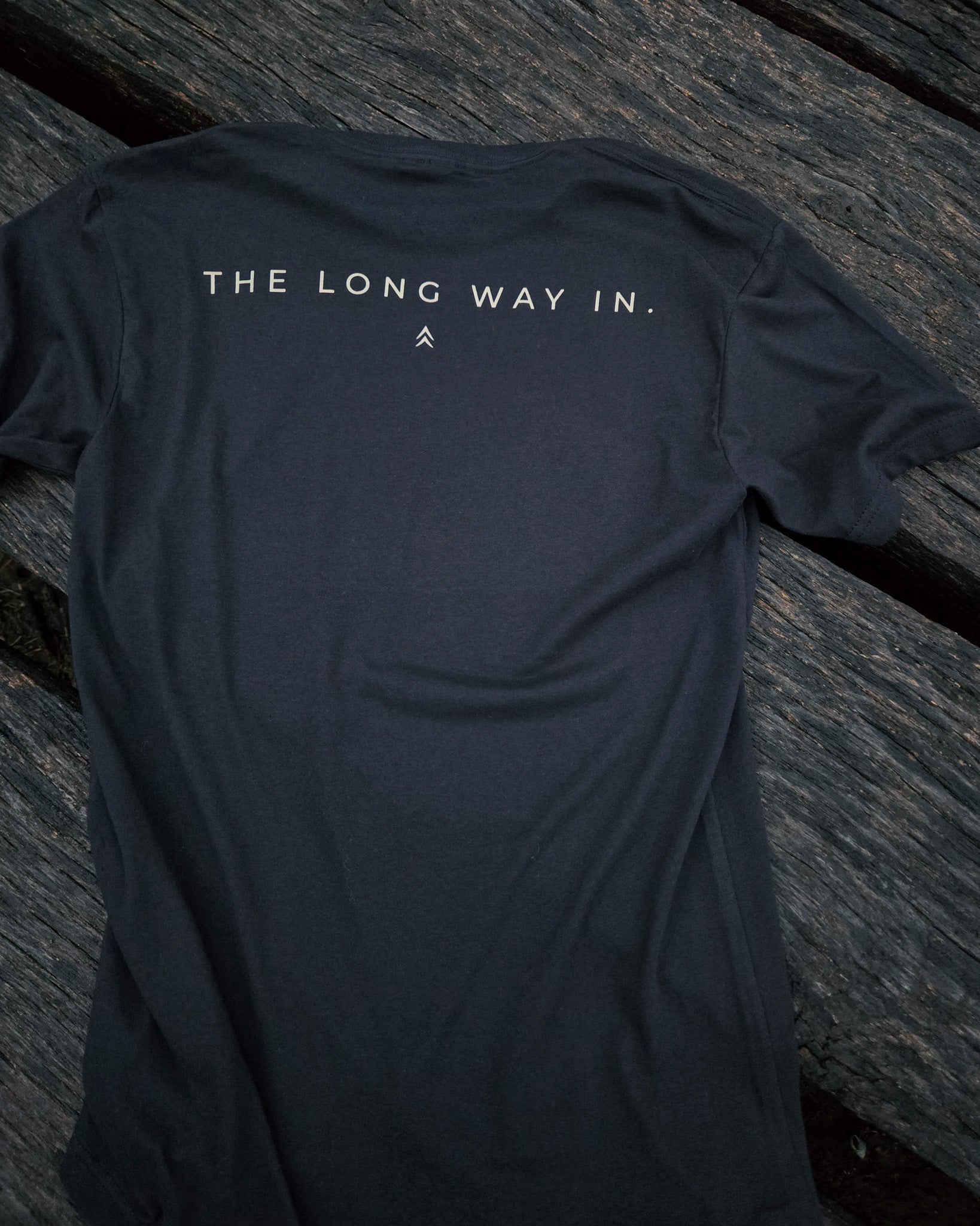 Back of The Long Way In typography shirt by Black Timber Goods featuring minimalist typography.