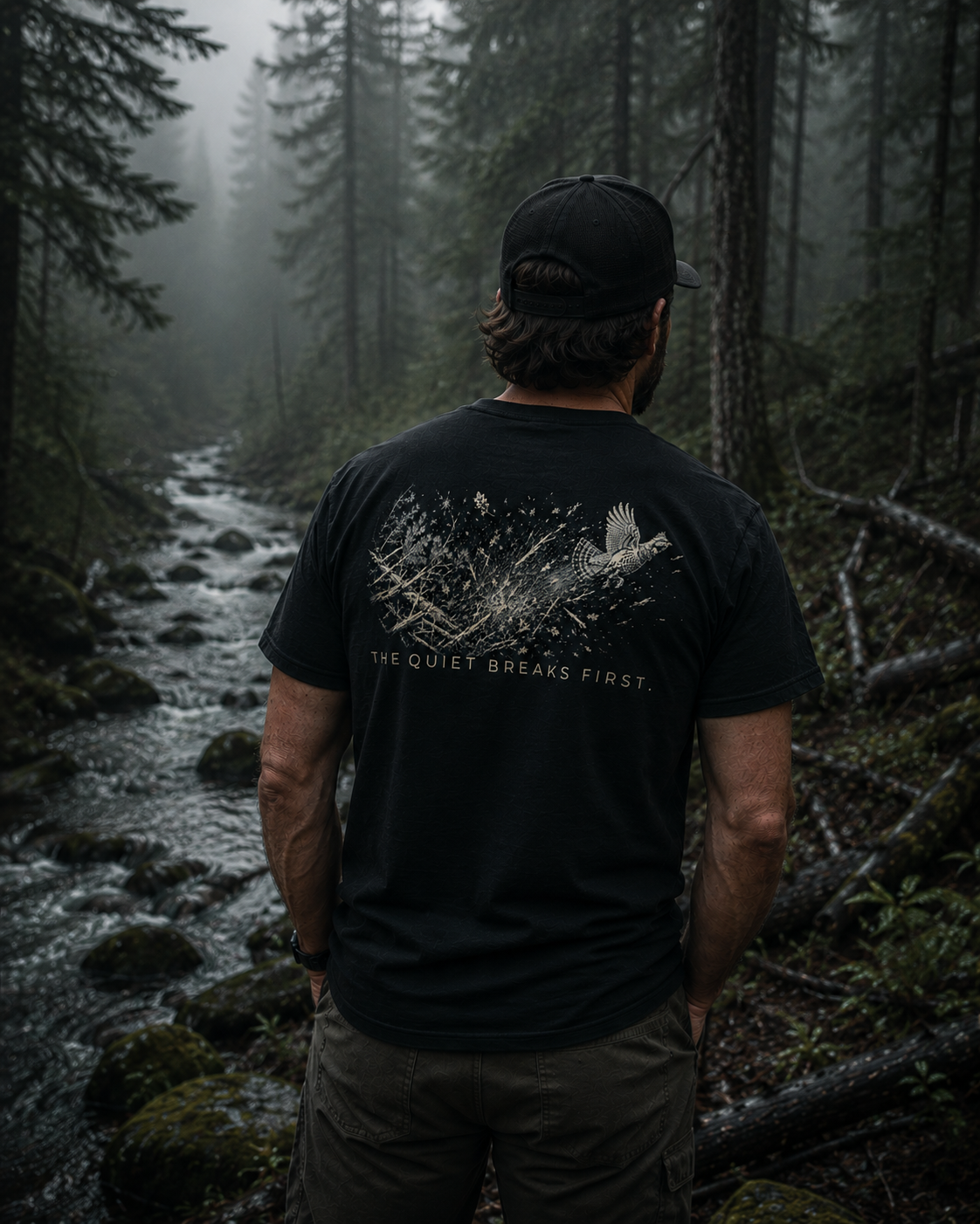 Person wearing The Quiet Breaks First grouse shirt by Black Timber Goods in the woods.