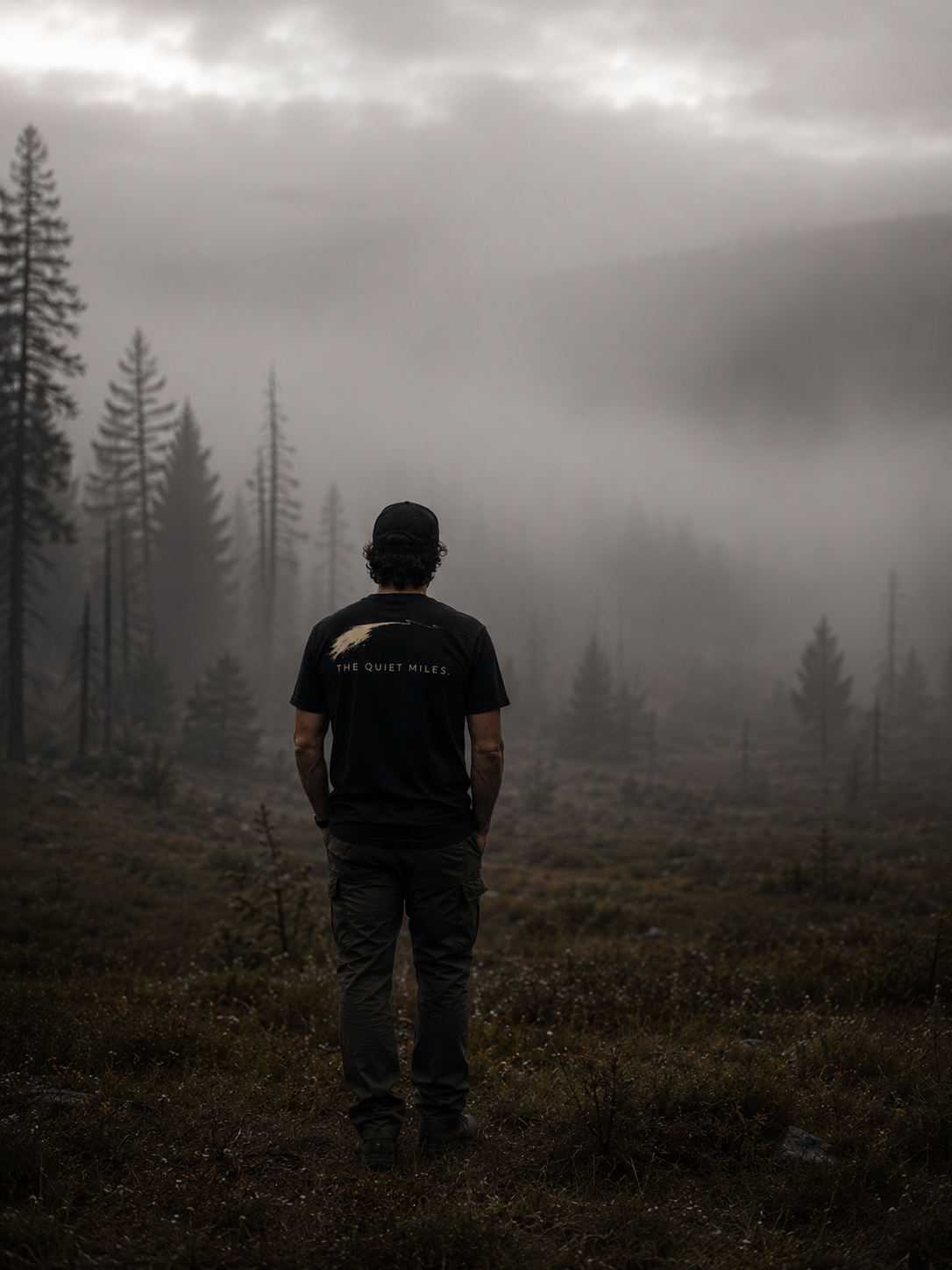 Person wearing The Quiet Miles typography shirt by Black Timber Goods outdoors in morning fog.