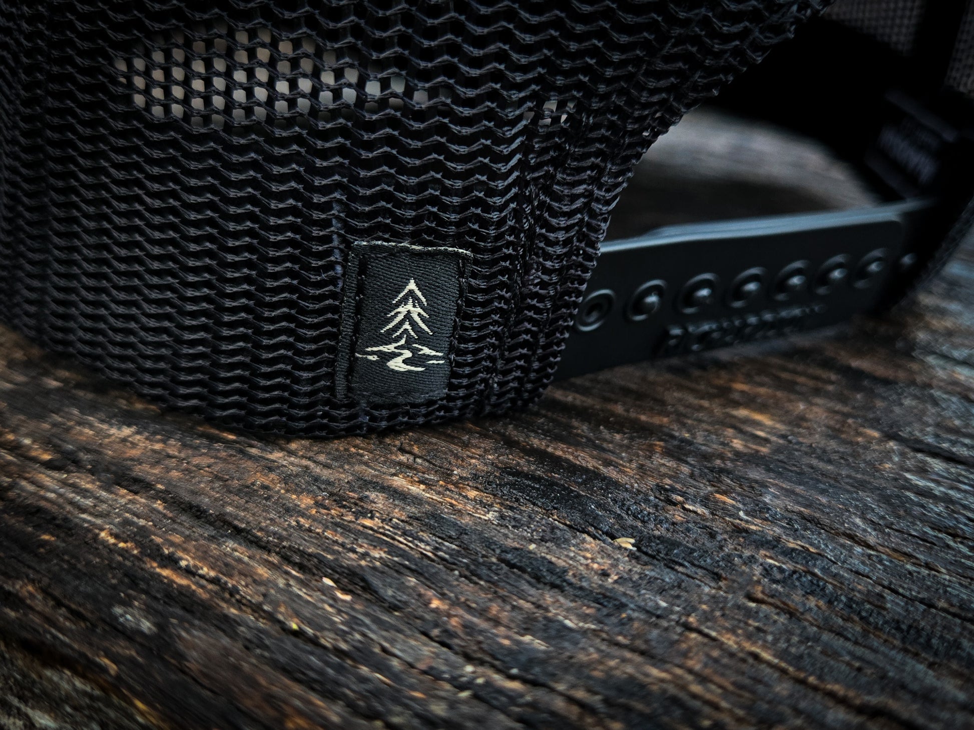 Rear woven detail on the Timber Mark trucker hat by Black Timber Goods.